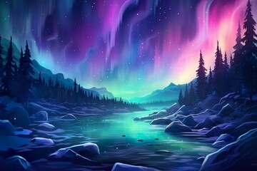 Aurora borealis on the Norway. Green northern lights above mountains. Night sky with polar lights. Night winter landscape with aurora and reflection on the water surface. Natural back