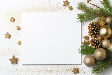 blank white board and christmas decor on white flat design background holiday. christmas and new year decorations and ornaments with empty frame