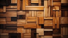 Abstract Brown Wooden Glazed Glossy Decorative Glamour Mosaic Tile Wall Texture With Geometric Shapes - Wood Background Illustration. Decor Concept. Wallpaper Concept. Art Concept. Building Concept.