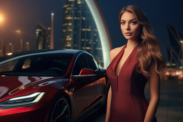 Attractive woman standing near modern Electric car in midnight city