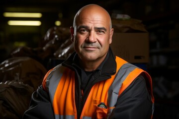 Wall Mural - A man at a waste processing plant. Garbage collection and disposal. Portrait with selective focus and copy space