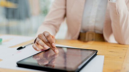 Leinwandbilder - Worker, hands or tablet in office for online in office for schedule, business website or project research. Email, internet closeup or woman typing on touchscreen, app or technology for social media