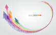 Countless colorful particles form a rainbow-shaped arrow, symbolizing rise and development, vector graphics.