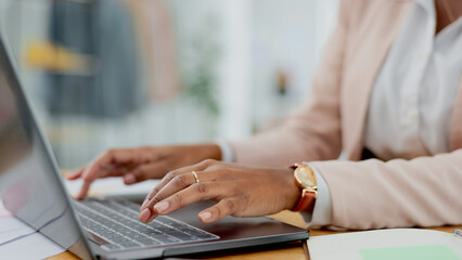 Wall Mural - Laptop, hands and business woman in office closeup for research, planning or management. Typing, keyboard and lady designer online for web design, email or networking, social media or project review