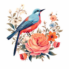 Sticker - bird on a branch with flowers HD 8K wallpaper Stock Photographic Image 