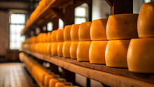 Yellow Dutch Cheese On A Wooden Shelf In A Cheese Factory.