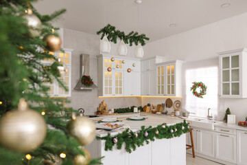 Sticker - Cozy spacious kitchen decorated for Christmas. Interior design