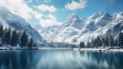 landscape winter lake in the mountains and forest