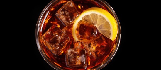 Poster - Cola with lemon and ice seen from above