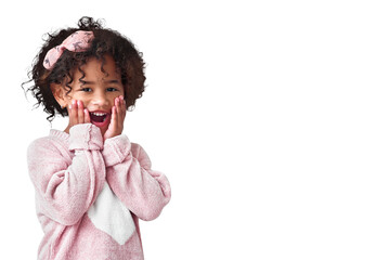 Shock, surprise and portrait of child excited for news while isolated on a transparent png background. Young girl kid with hands on face for wow facial expression, announcement and amazing reaction