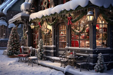 A Christmas Store Front In The Snow Covered In Decorations