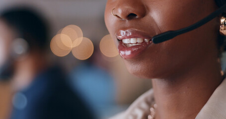 Poster - Call center, closeup and mouth of woman consulting in office for contact us, crm or faq with bokeh. Telemarketing, voice and lead generation consultant with loan advice, customer service or support