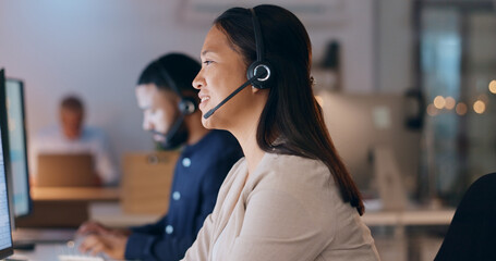 Poster - Business woman, call center and night communication, customer service or e commerce support on computer. Professional consultant or Asian agent for web solution, questions and happy chat in workspace