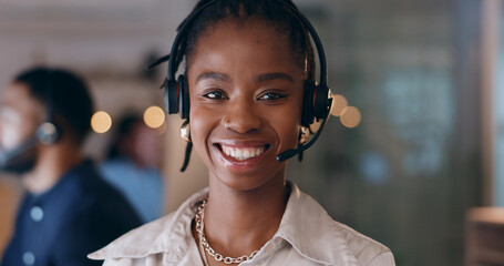 Sticker - Portrait, smile and black woman at call center on headphones for crm support on bokeh at night. Face, happy sales agent and telemarketing consultant, customer service professional or worker in office