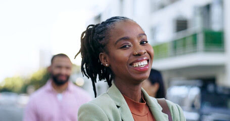 Poster - Happy black woman, portrait and smile in city for leadership, career ambition or outdoor meeting. Face of African female person or employee in teamwork, team social or networking in an urban town