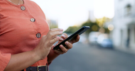 Poster - hands typing, phone and woman in city on social media, internet search or communication. closeup, sm