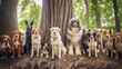 A number of well-dressed dogs stand under a large tree and look at the camera.