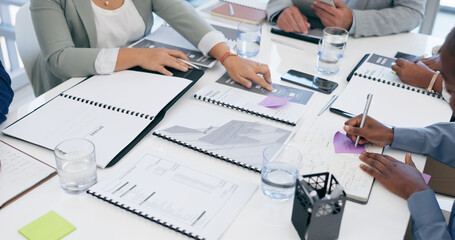 Poster - Business people, hands and writing with documents in planning, schedule or meeting on office table. Closeup of employee group with paperwork for tasks, strategy or brainstorming ideas at workplace