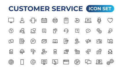 Customer service icon set. Containing customer satisfied, assistance, experience, feedback, operator and technical support icons.Thin outline icons pack.