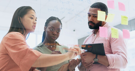 Poster - Business people, teamwork and writing in planning, meeting or schedule notes for strategy on glass board at office. Group of employees in team brainstorming, ideas or reminder for agenda at workplace
