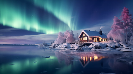 Beautiful polar night winter scenery with cottage and aurora
