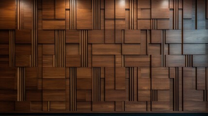 Wall Mural - Wooden board panel pattern with brown acoustic panels, diffused window light, modern architecture, interior acoustics, background