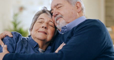 Poster - Relax, peace or senior couple hug in home on a couch, love and happiness with relationship in living room. Resting, old man or elderly woman on sofa for support or embrace in retirement or marriage