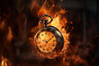 clock on fire, burning time. the fire surrounds a burning clock
