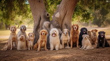 A Number Of Well-dressed Dogs Stand Under A Large Tree And Look At The Camera.generative Ai