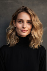 Wall Mural - portrait headshot of a beautiful woman female in a black turtleneck sweater with blonde curly wavy hair