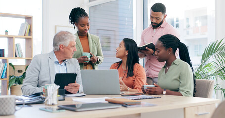 Canvas Print - Training, laptop and business people in office meeting with senior man executive for creative, brainstorming or collaboration. Workshop, coaching and old male mentor with team for proposal discussion