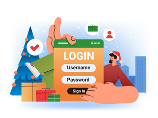 Poster - man in santa hat login to social media app mobile or computer application users entering username and password online registration