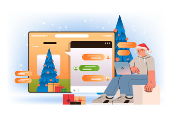 Poster - man in santa hat having dialog in computer app chatbot assistance customer service concept new year holidays celebration