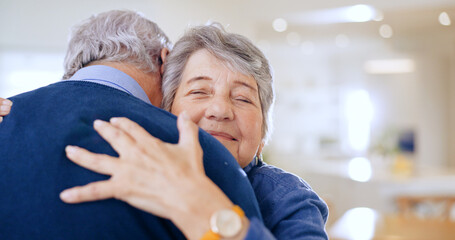 Canvas Print - Happy, love or old couple hug in home to relax for connection, support, bond with smile. Trust, comfort or elderly people in marriage, house or retirement with commitment, care or affection together