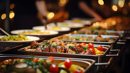 Wall Mural - People group catering buffet food indoor in restaurant with meat colorful fruits and vegetables.