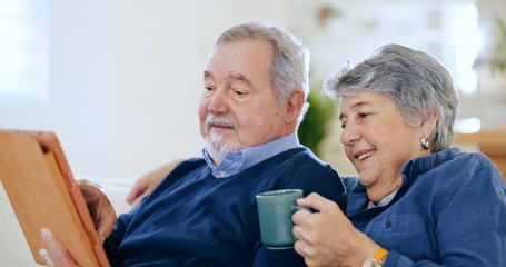 Canvas Print - Tablet, tea and a senior couple in their home to relax together during retirement for happy bonding. Tech, smile or love with an elderly man and woman drinking coffee in their apartment living room