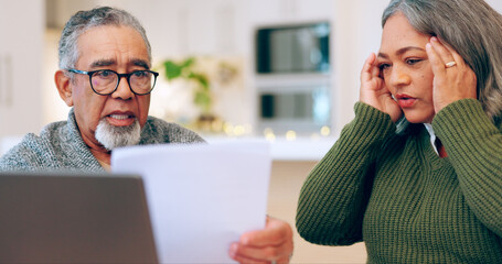 Sticker - Senior couple, stress and documents for tax, debt and bills, bankruptcy or retirement. Elderly man, woman and paperwork in financial crisis, planning budget or asset management in living room at home