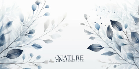 Wall Mural - winter background design with watercolor brush texture, flower and botanical leaves watercolor hand 