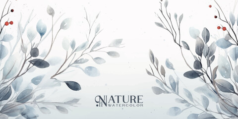 Wall Mural - winter background design with watercolor brush texture, flower and botanical leaves watercolor hand 