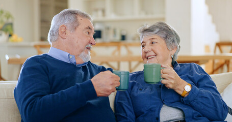 Wall Mural - Tea, love and a senior couple in their home to relax together in retirement for happy bonding. Smile, romance or conversation with an elderly man and woman drinking coffee and toast in living room