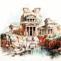 Sticker - Sketch in watercolor liners celebrates the beauty of an ancient Greek style temple