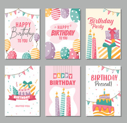 icon set A collection of beautiful happy birthday card designs with the concept of cake, candles, balloons and gifts on a colorful background.