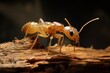 © Stavros - The termite on the ground is searching for food to feed the larvae in the cavity. Selective focus of the small termite on decaying timber. Close-up photo.