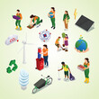 ecological awareness isometric icons set with alternative sources energy people looking after environment isolated vector illustration