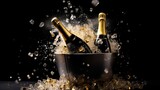 Fototapeta  - A dynamic photo of two champagne bottles in an ice bucket with flying ice cubes and a black background.