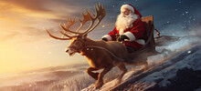 Santa Claus Is Riding On A Reindeer In A Sleigh, Christmas Banner