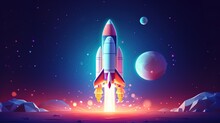 Rendering Cartoon Rocket Launch To Space With Colorful Planet Background. AI Generated