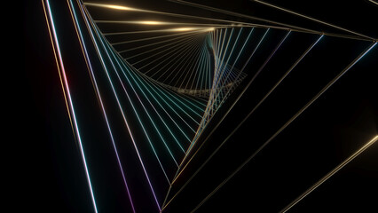 Poster - Abstract image of swirling golden triangle lines on black background.,Abstract line movement,3d rendering