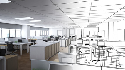 Poster - office space For working with computers, office equipment,line art,3d rendering