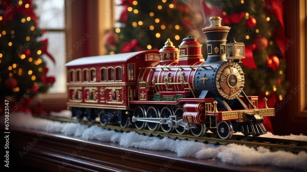 Vintage holiday toy train set beneath a glowing Christmas tree with presents.